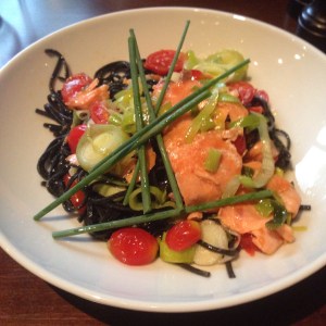 black pasta with salmon